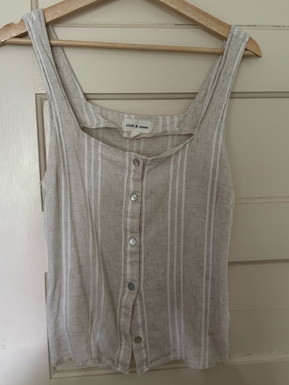 Cloth and Stone Light Beige Striped Sleeveless Linen-Blend Top